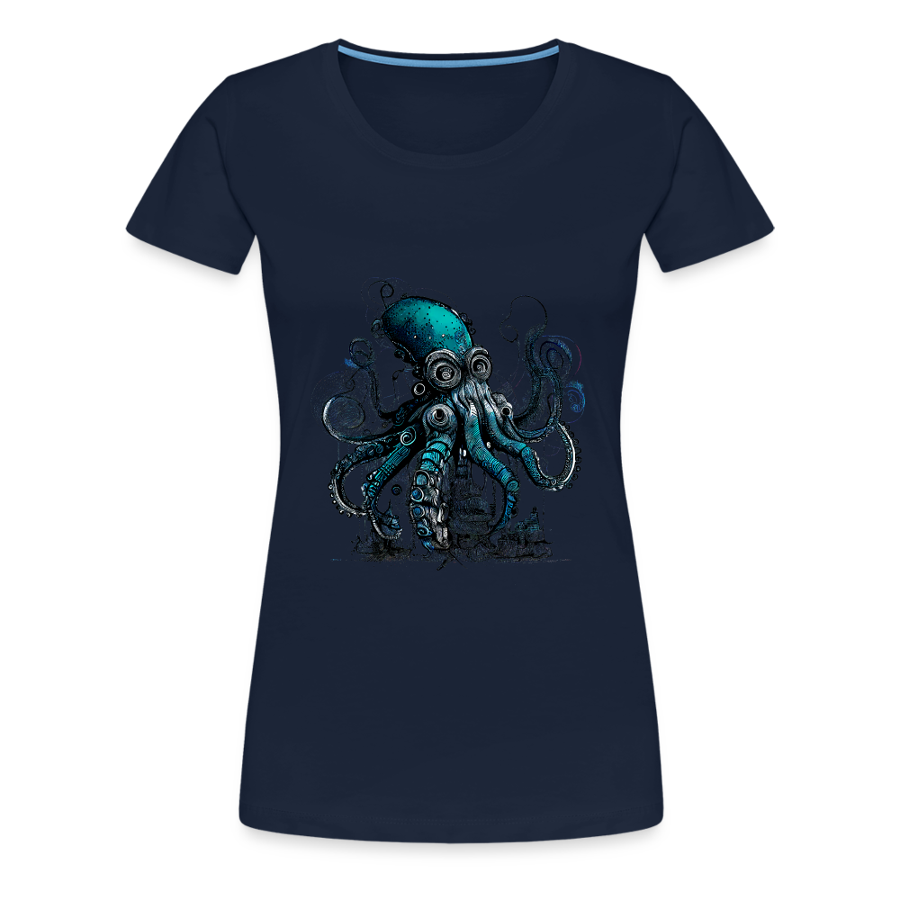 Steampunk Riesenkraken über kleinem Dorf - Frauen Premium T-Shirt - Navy