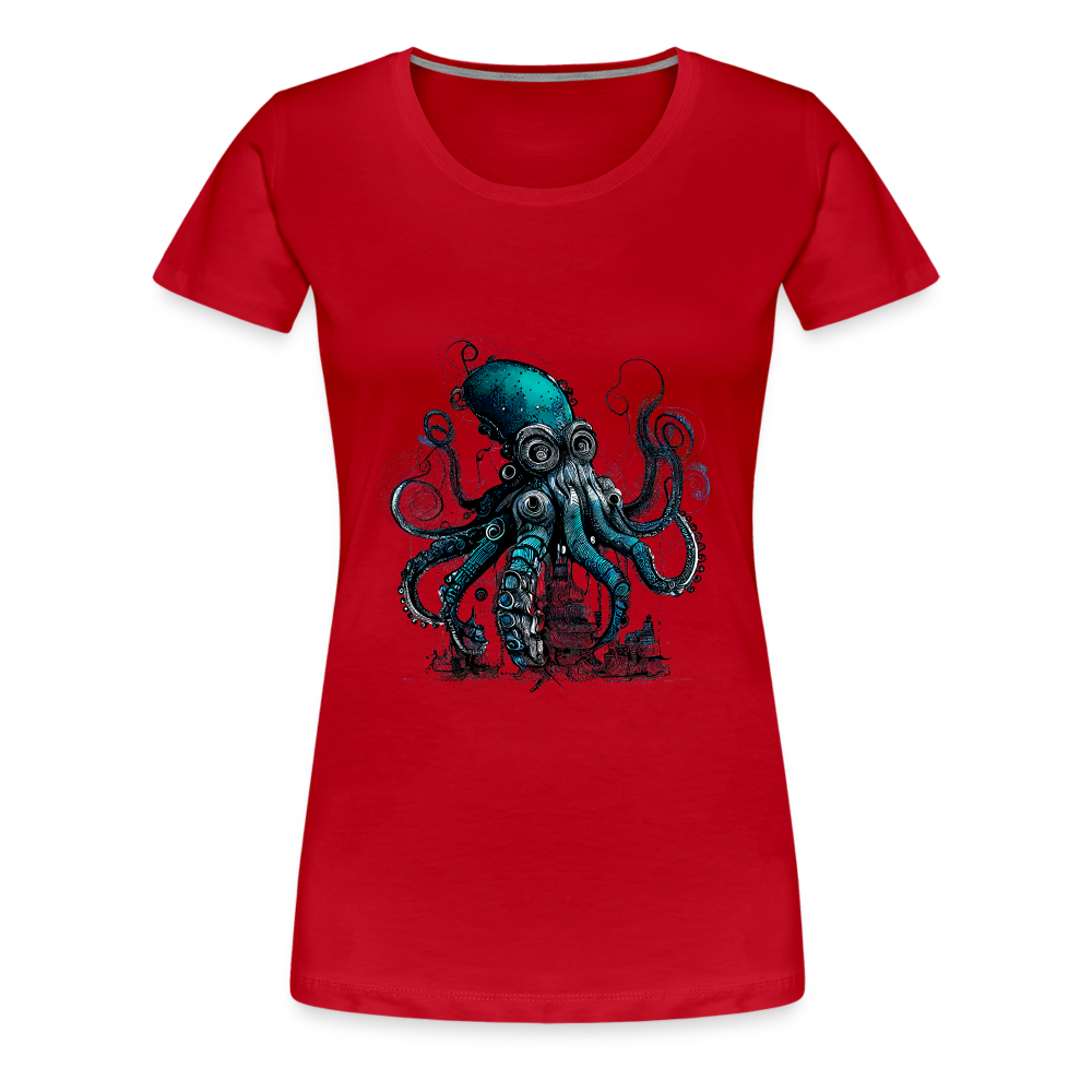 Steampunk Riesenkraken über kleinem Dorf - Frauen Premium T-Shirt - Rot