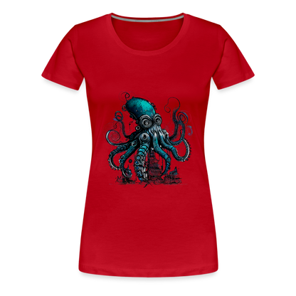 Steampunk Riesenkraken über kleinem Dorf - Frauen Premium T-Shirt - by Artful Alchemist