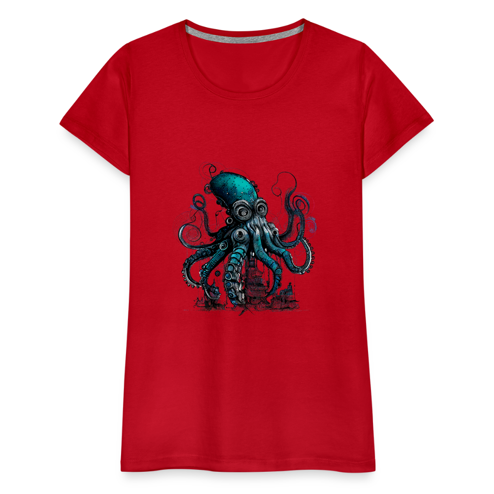 Steampunk Riesenkraken über kleinem Dorf - Frauen Premium T-Shirt - Rot