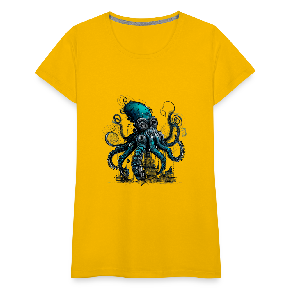 Steampunk Riesenkraken über kleinem Dorf - Frauen Premium T-Shirt - Sonnengelb