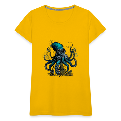 Steampunk Riesenkraken über kleinem Dorf - Frauen Premium T-Shirt - by Artful Alchemist