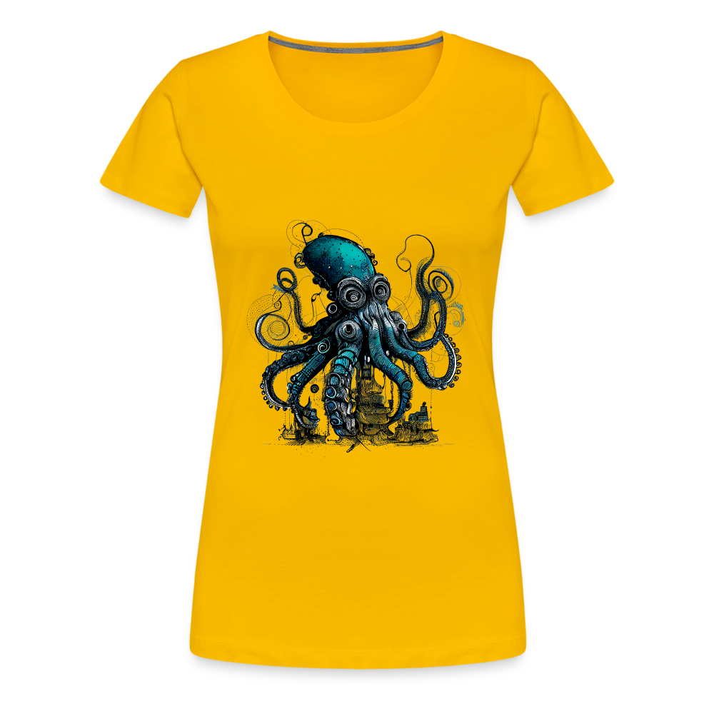 Steampunk Riesenkraken über kleinem Dorf - Frauen Premium T-Shirt - Sonnengelb