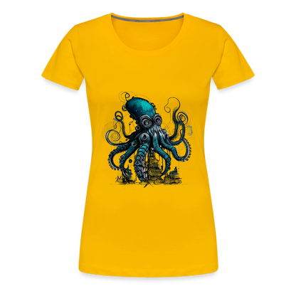 Steampunk Riesenkraken über kleinem Dorf - Frauen Premium T-Shirt - by Artful Alchemist