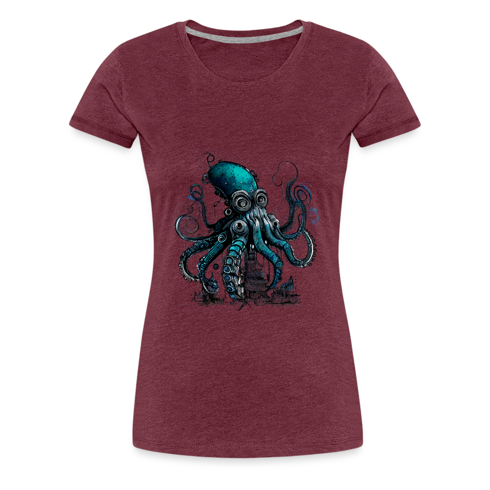 Steampunk Riesenkraken über kleinem Dorf - Frauen Premium T-Shirt - Bordeauxrot meliert