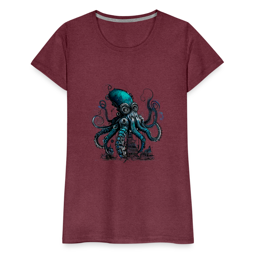 Steampunk Riesenkraken über kleinem Dorf - Frauen Premium T-Shirt - Bordeauxrot meliert