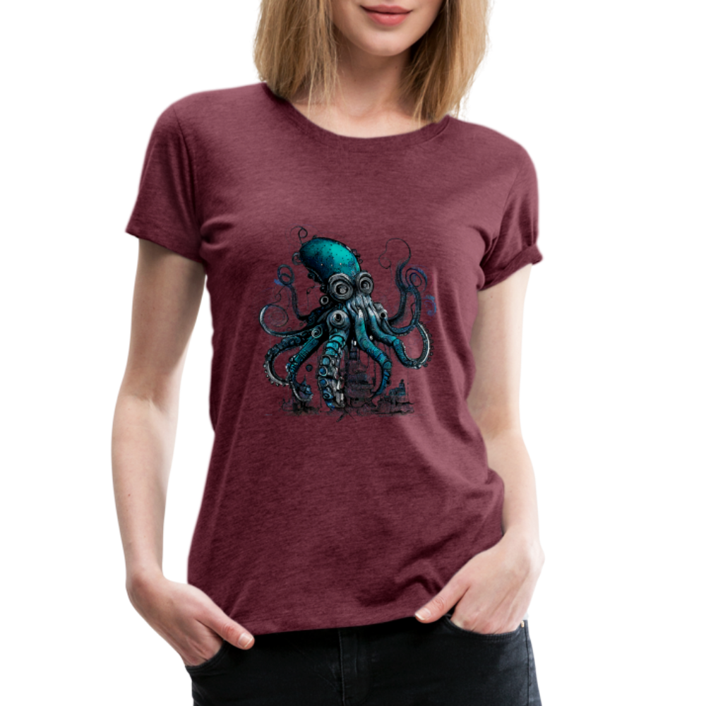 Steampunk Riesenkraken über kleinem Dorf - Frauen Premium T-Shirt - Bordeauxrot meliert