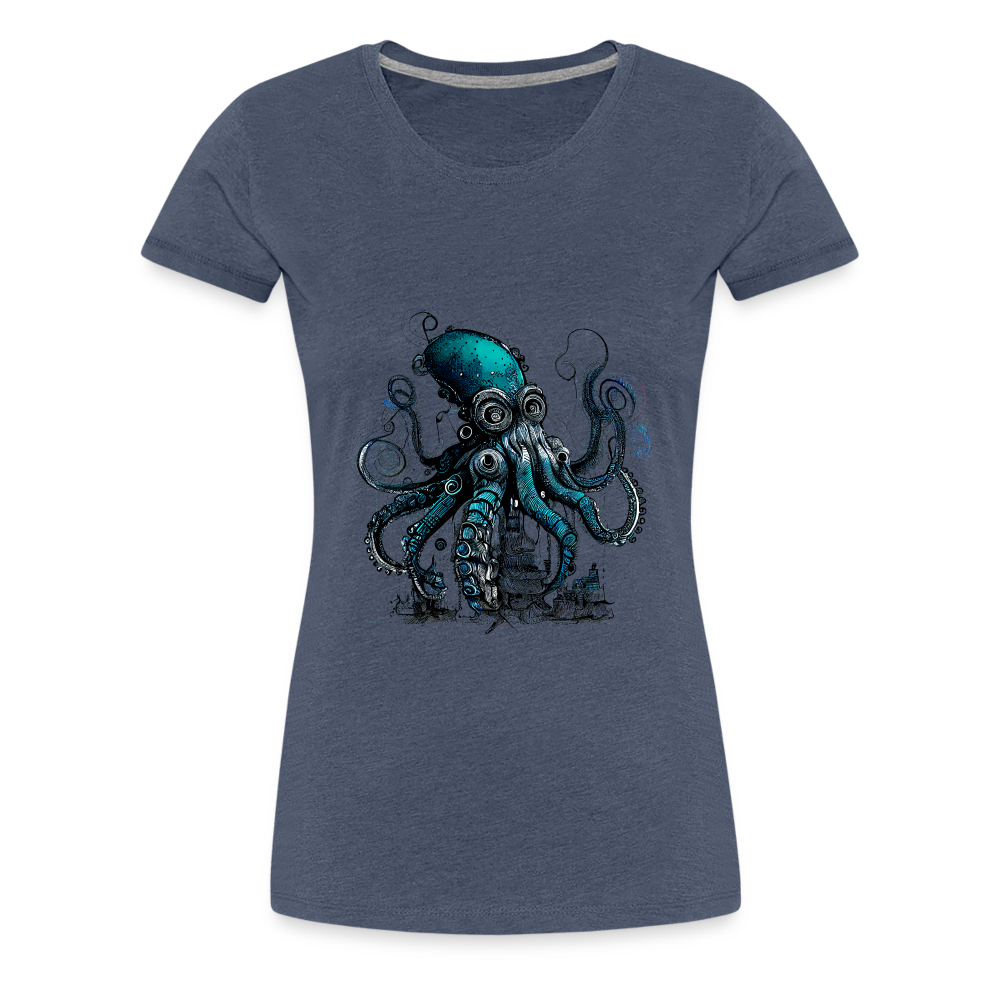 Steampunk Riesenkraken über kleinem Dorf - Frauen Premium T-Shirt - Blau meliert