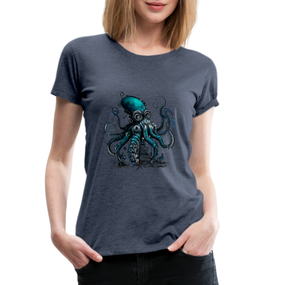 Steampunk Riesenkraken über kleinem Dorf - Frauen Premium T-Shirt - Blau meliert