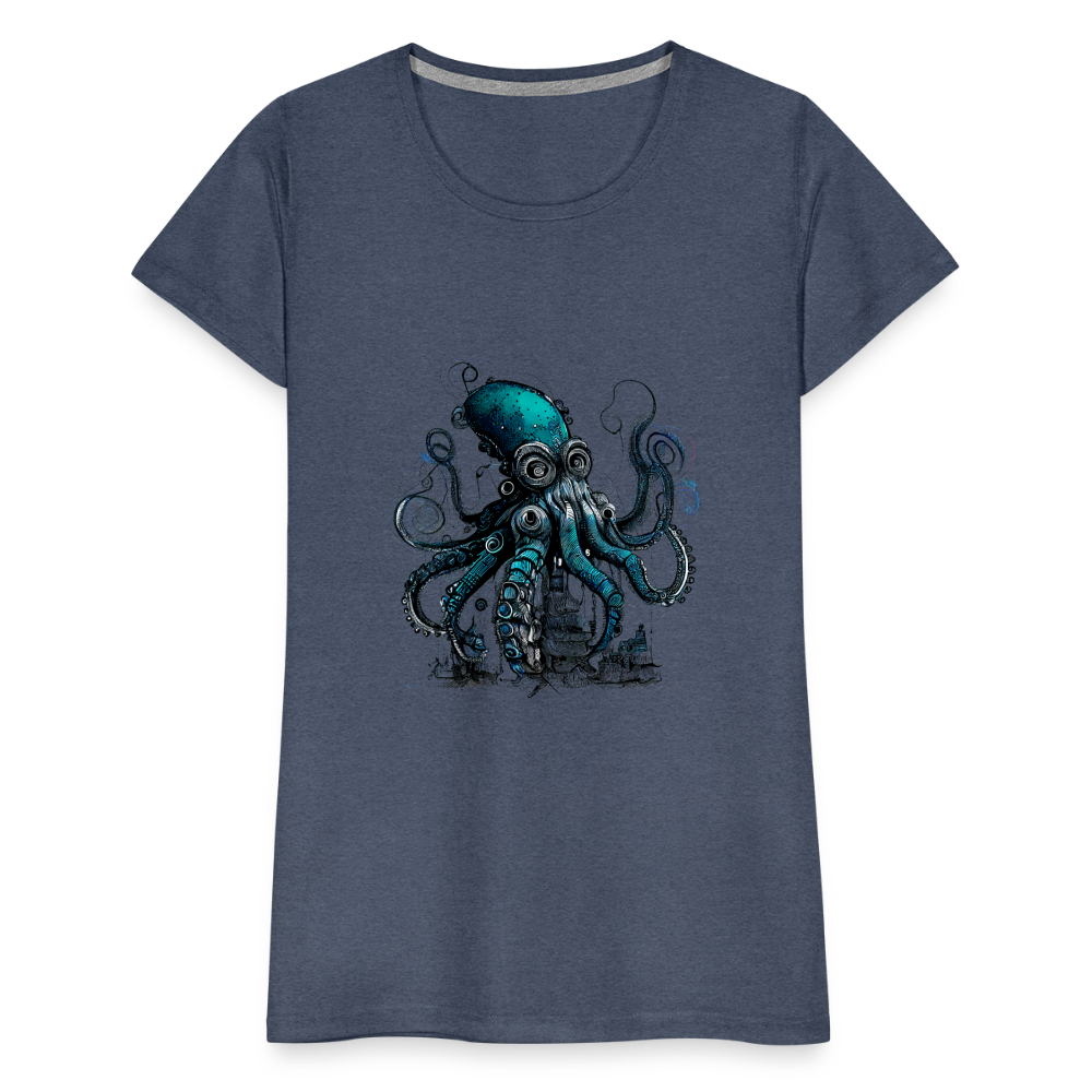 Steampunk Riesenkraken über kleinem Dorf - Frauen Premium T-Shirt - Blau meliert