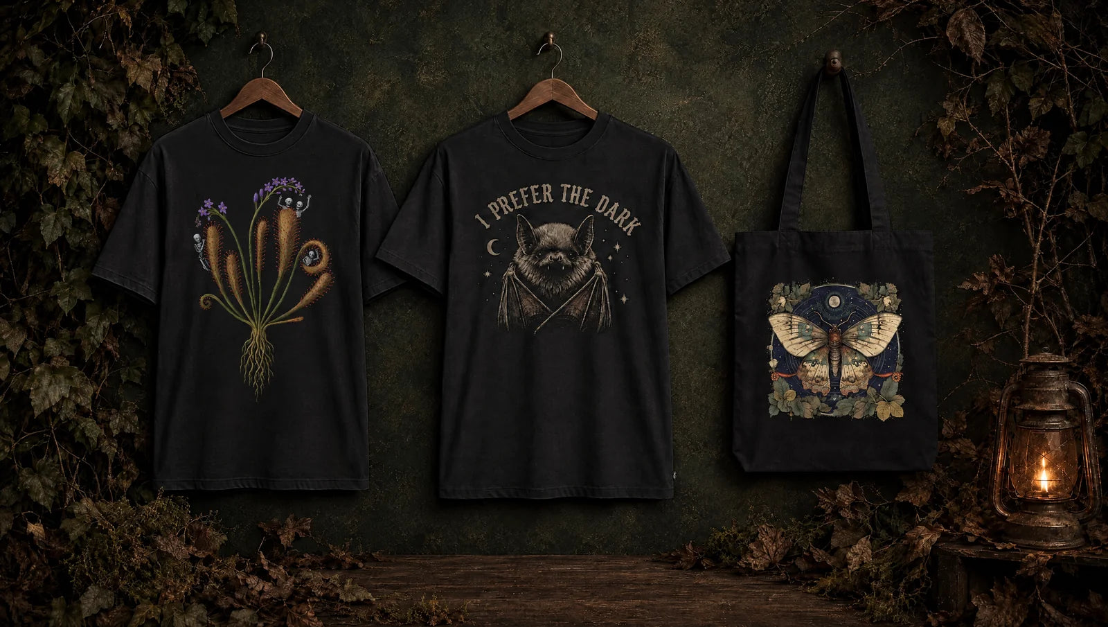 Schwarzes Flora-Mortis-Sonnentau-Shirt, I-Prefer-The-Dark-Shirt und Stoffbeutel mit mystischer Motte vor dunkler botanischer Kulisse