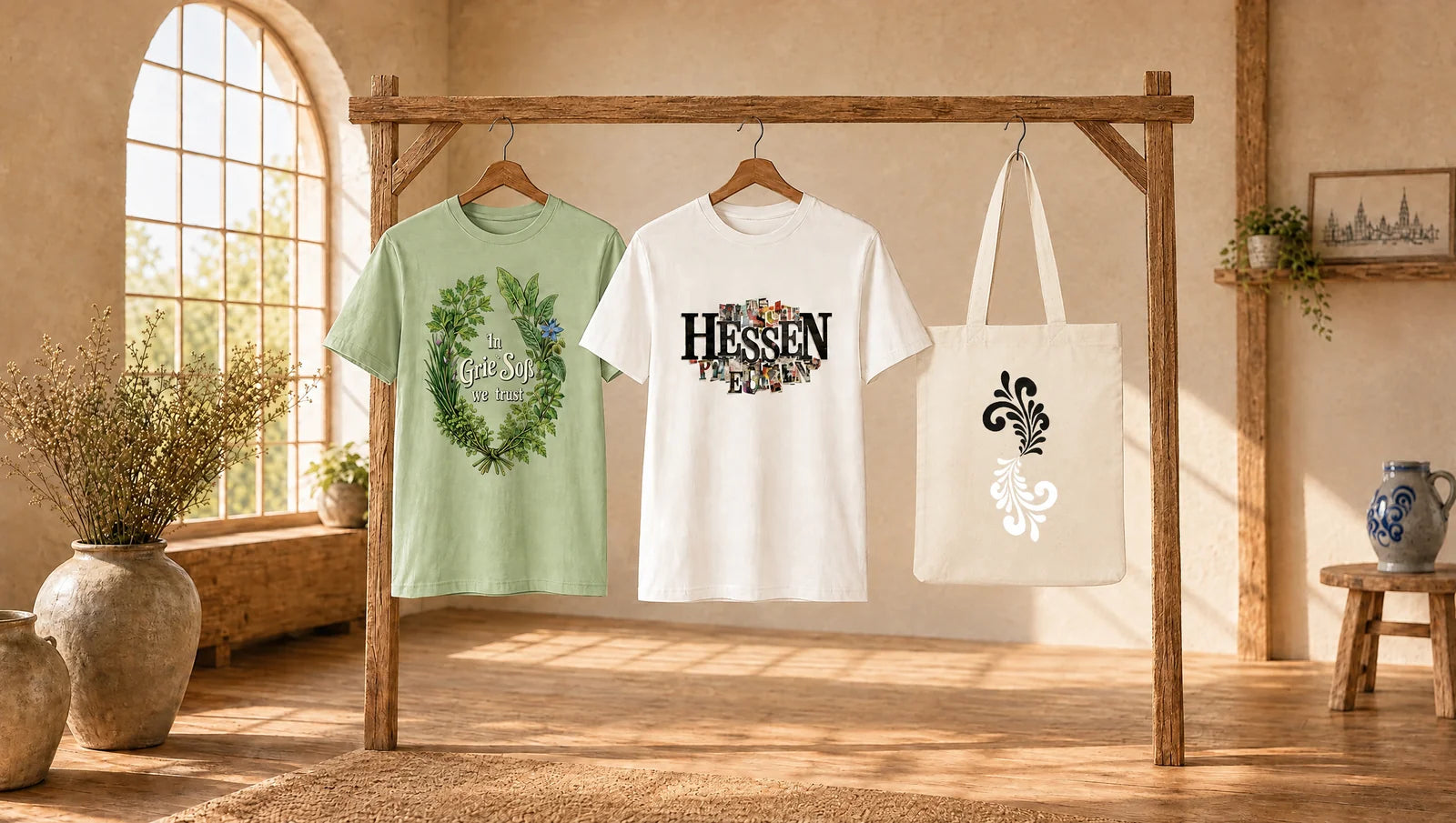 Grie’-Soß-Shirt, Hessen-Collage-Shirt und heller Stoffbeutel mit schwarz-weißen Bembel-Ornamenten in einer sonnigen Szene mit Bembel