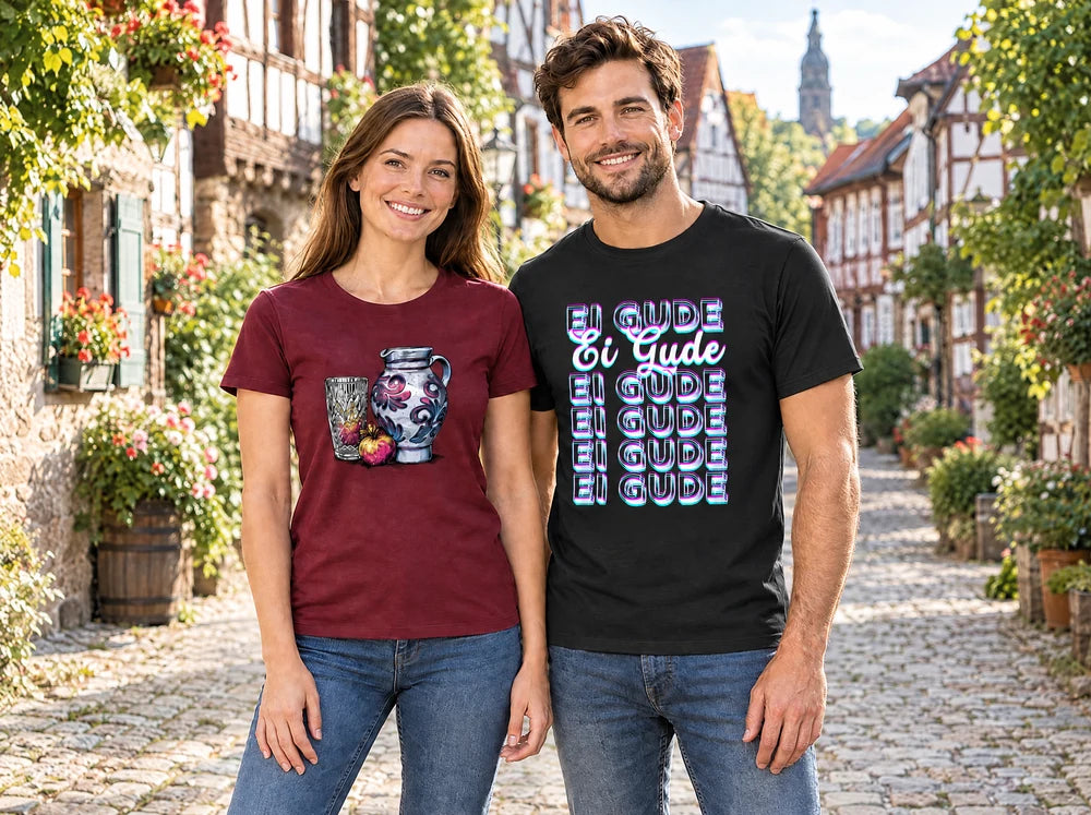Frau mit burgunderrotem Pink-Bembel-Shirt und Mann mit schwarzem Ei-Gude-Shirt vor Fachwerkhäusern