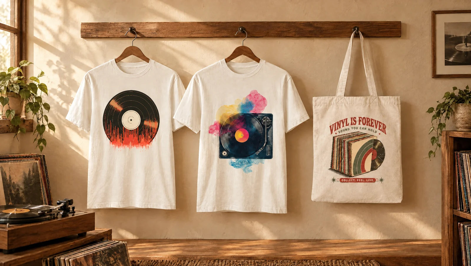 Naturweiße Urban-Beat-Vinyl- und Vinyl-Dreams-Shirts neben einer cremebeigen Vinyl-Is-Forever-Stofftasche in einem warmen Musikzimmer