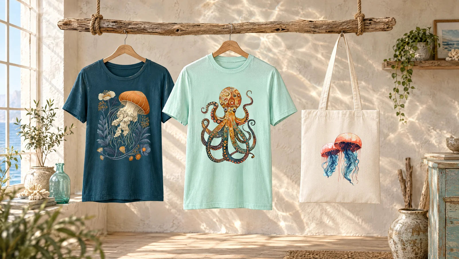 Petrolfarbenes Floral-Jellyfish-Shirt, mintfarbenes Color-Pulse-Octopus-Shirt und naturweiße Quallen-Stofftasche in einem hellen Küstenatelier