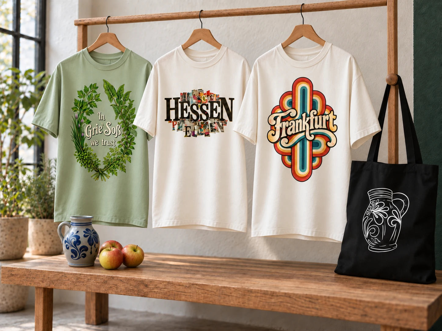 Drei Shirts mit Grie’-Soß-, Hessen-Collage- und Frankfurt-Retro-Motiven sowie ein schwarzer Bembel-Beutel; kleiner Keramikbembel und Äpfel im hellen Atelier.