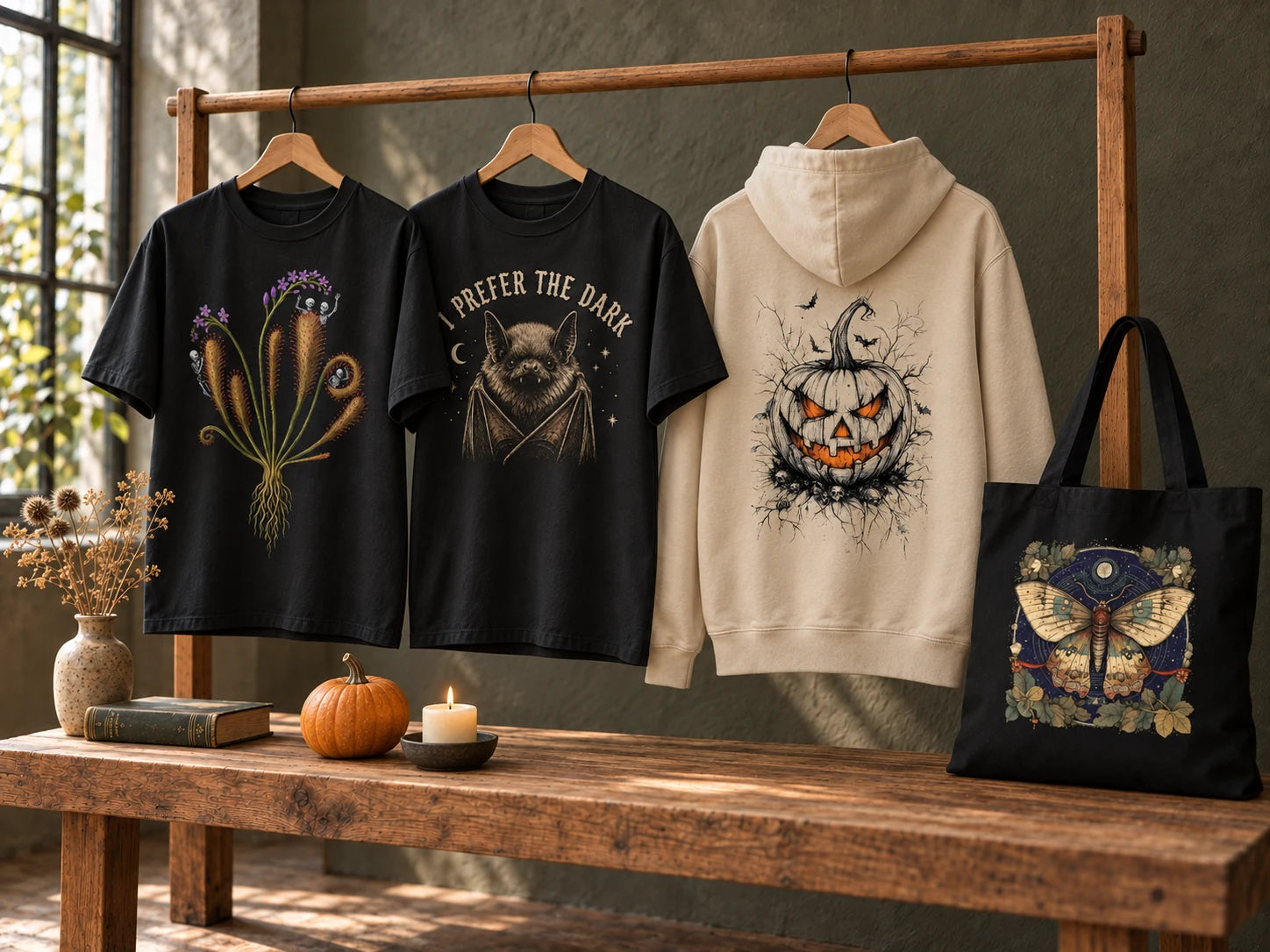 Zwei schwarze Shirts mit Sonnentau-Skelett- und Fledermausmotiven, ein sandfarbener Hoodie mit Kürbis-Rückendruck und ein schwarzer Mottenbeutel im Atelier.