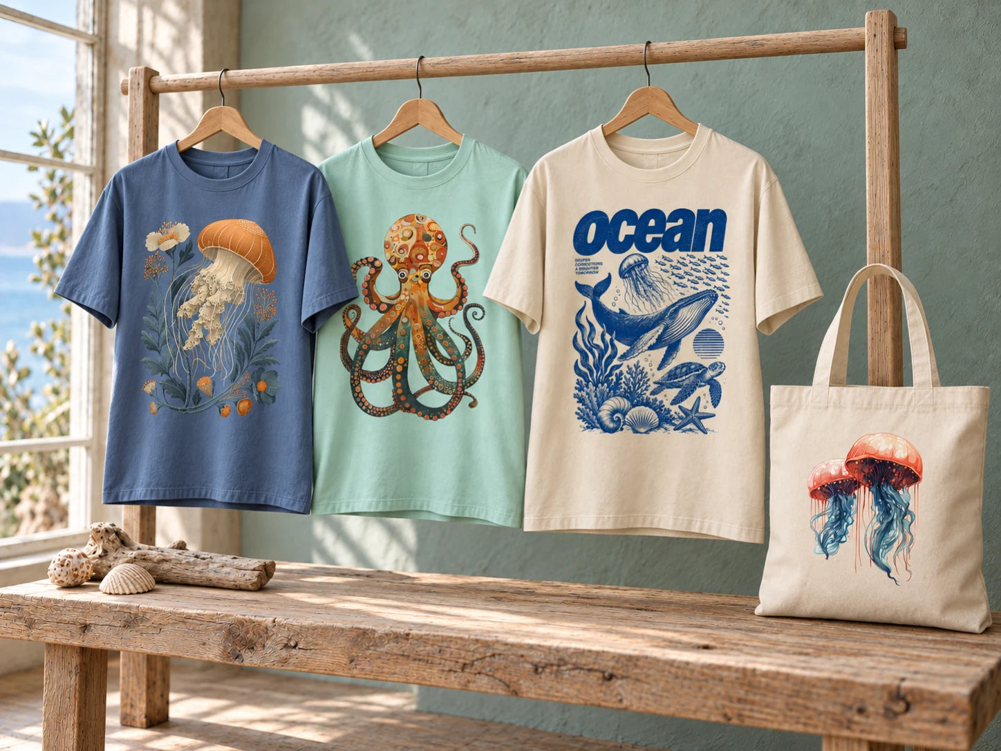 Taubenblaues Quallenshirt, mintfarbenes Oktopusshirt, naturfarbenes Ocean-Shirt mit Wal und naturweißer Quallenbeutel in einem hellen Küstenatelier.