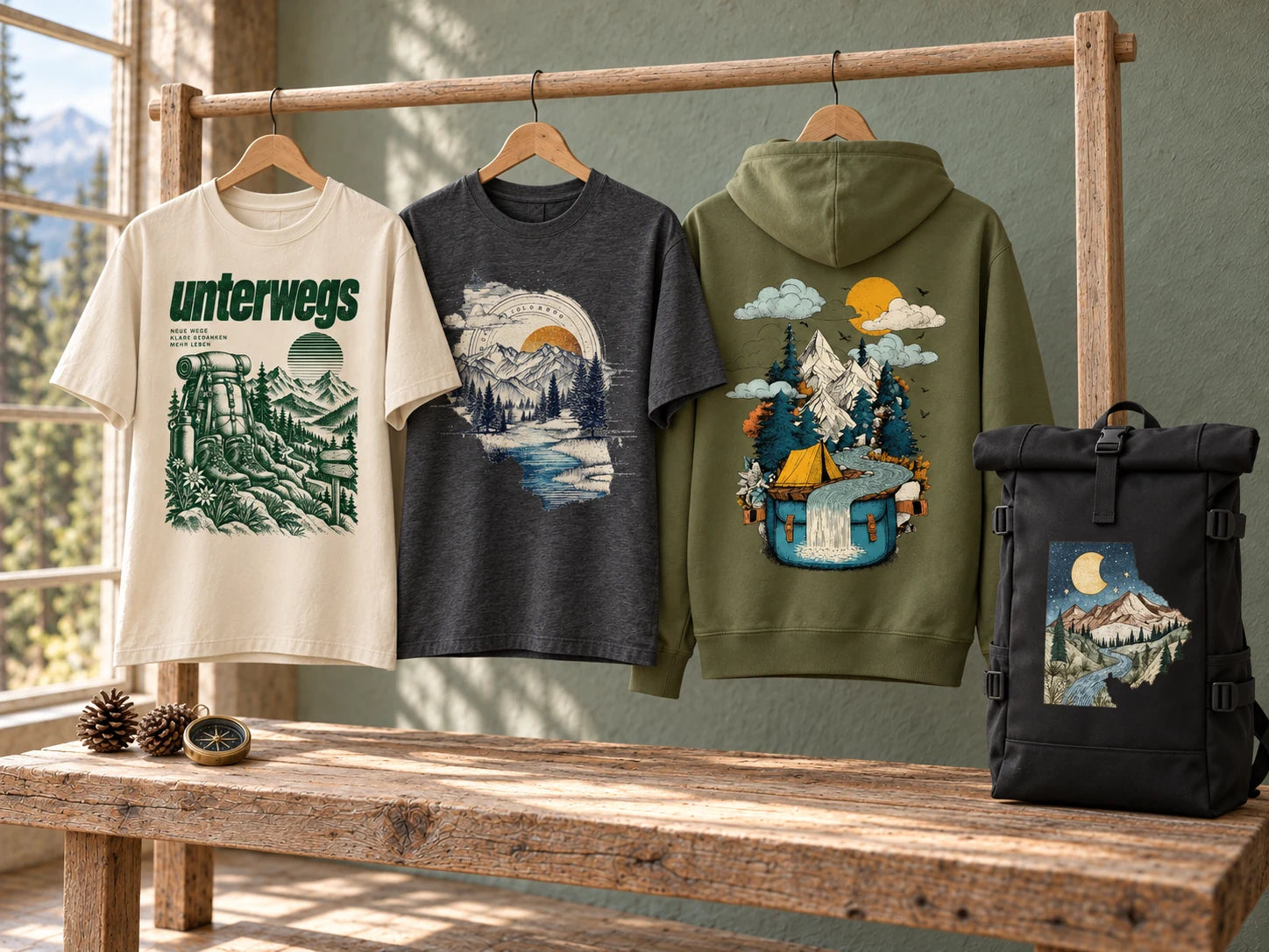 Naturfarbenes Unterwegs-Shirt, dunkles Colorado-Peak-Shirt, khakifarbener Abenteuer-Hoodie und schwarzer Bergrucksack in einem Atelier mit Wald- und Bergblick.