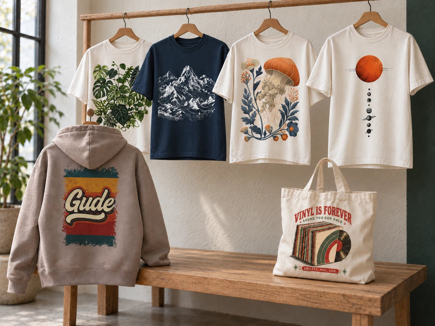 Vier Shirts mit Pflanzen-, Berg-, Quallen- und Sonnensystemmotiven, ein Gude-Hoodie und ein Vinyl-Beutel in einem hellen Atelier.